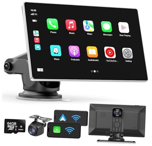 Portable Apple Carplay Screen for Car, 9″ Wireless Apple Carplay & Android