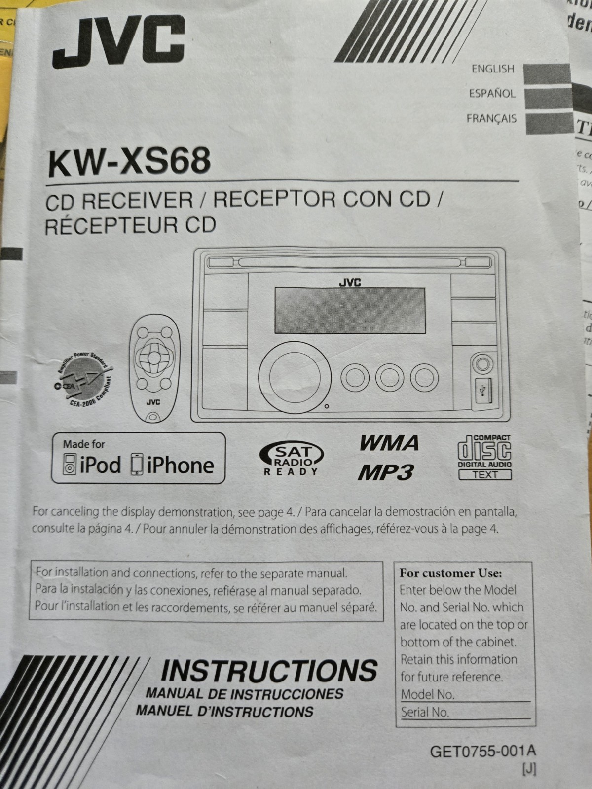JVC KW-XS68 Universal Car Stereo Radio CD Receiver, Aux, USB With Remote