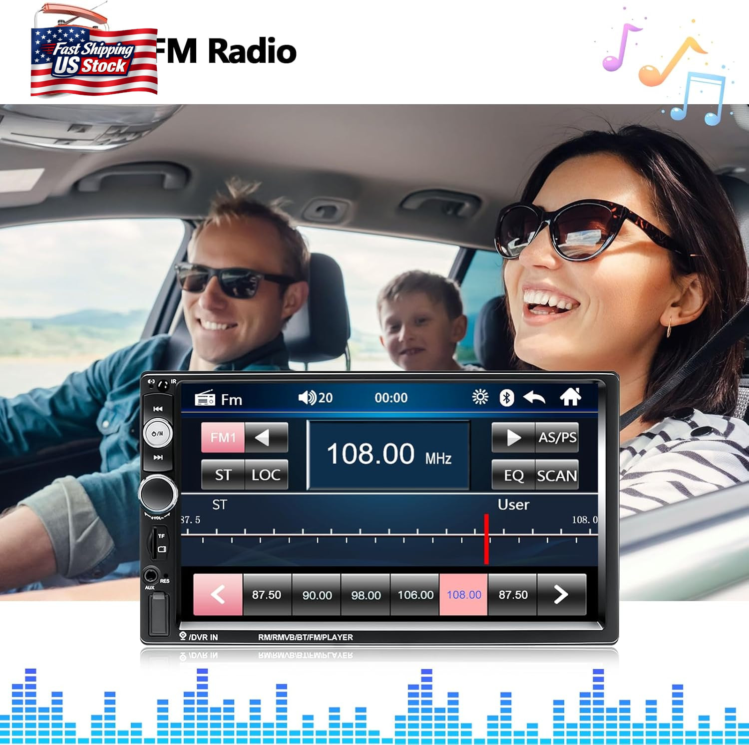 Amprime Double Din Car Stereo Radio with Bluetooth 7” Touch Screen FM Receiver M