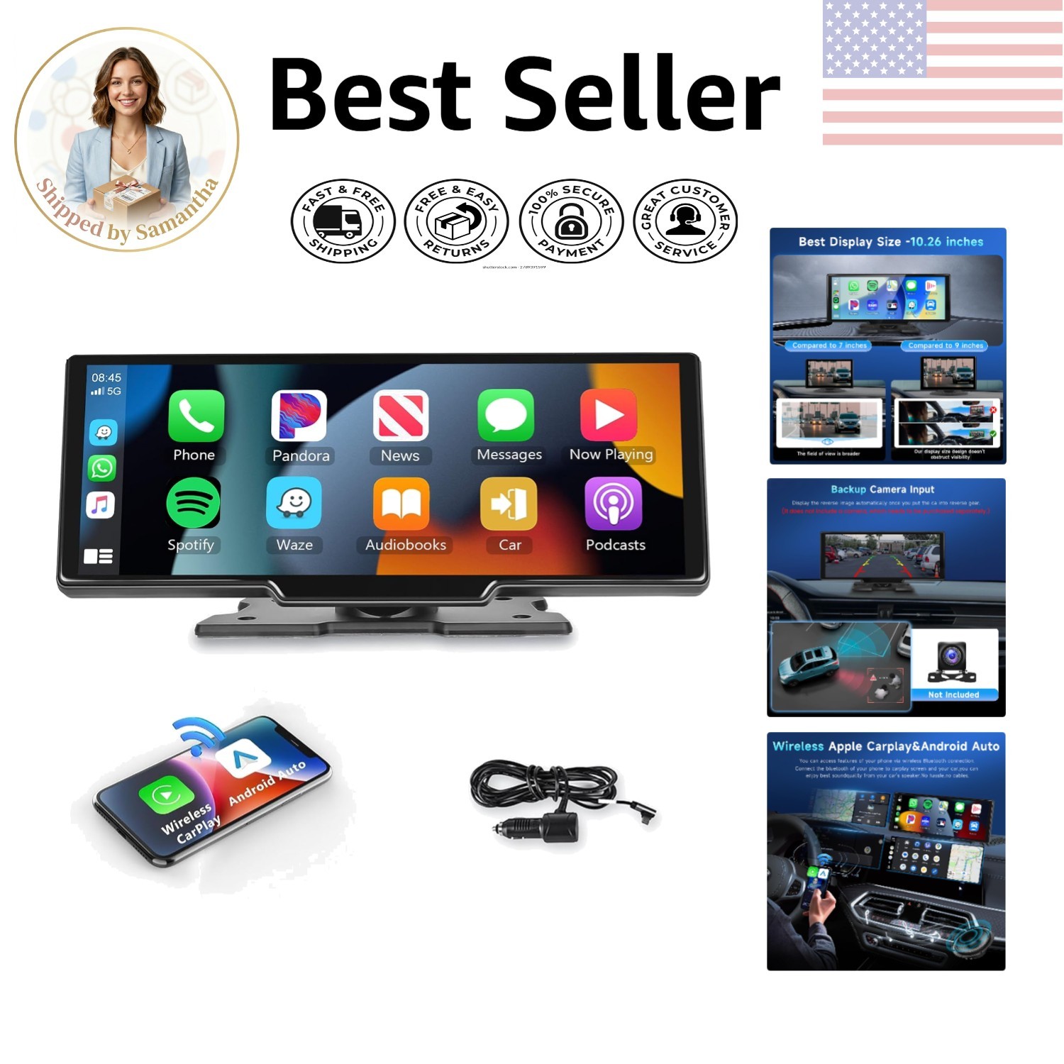 Portable Car Stereo with Wireless CarPlay & Android Auto – 10.26-Inch HD Screen