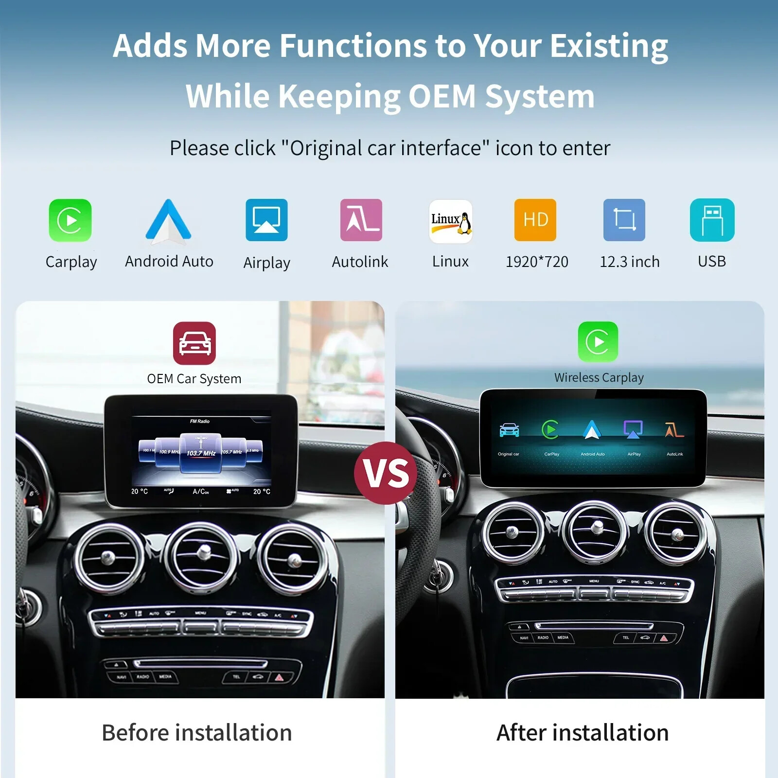 Wireless Carplay/Android Auto 12.3” Touch screen for Mercedes Benz GLA CLA GLC
