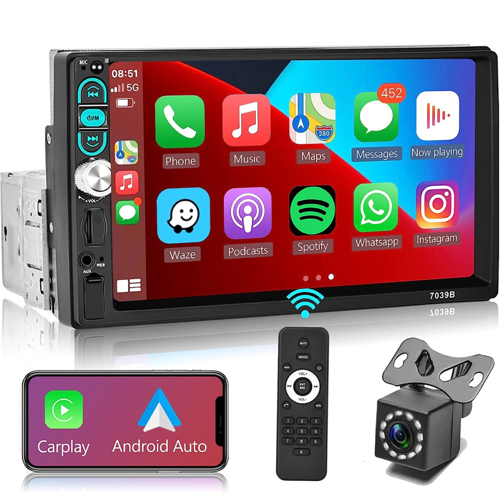 Single 1 Din 7″ Car Stereo Apple Carplay Auto Radio Touch Screen Player+ Camera