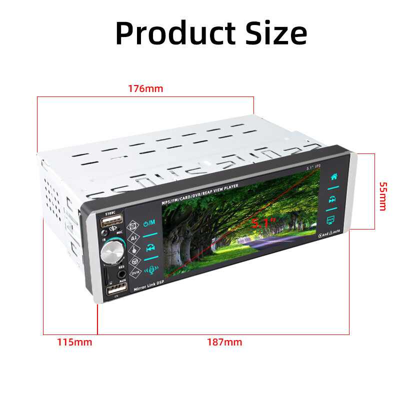 5.1” 1 Din Car Stereo CarPlay Android Touch Screen Car Radio 3USB MP5 Bluetooth