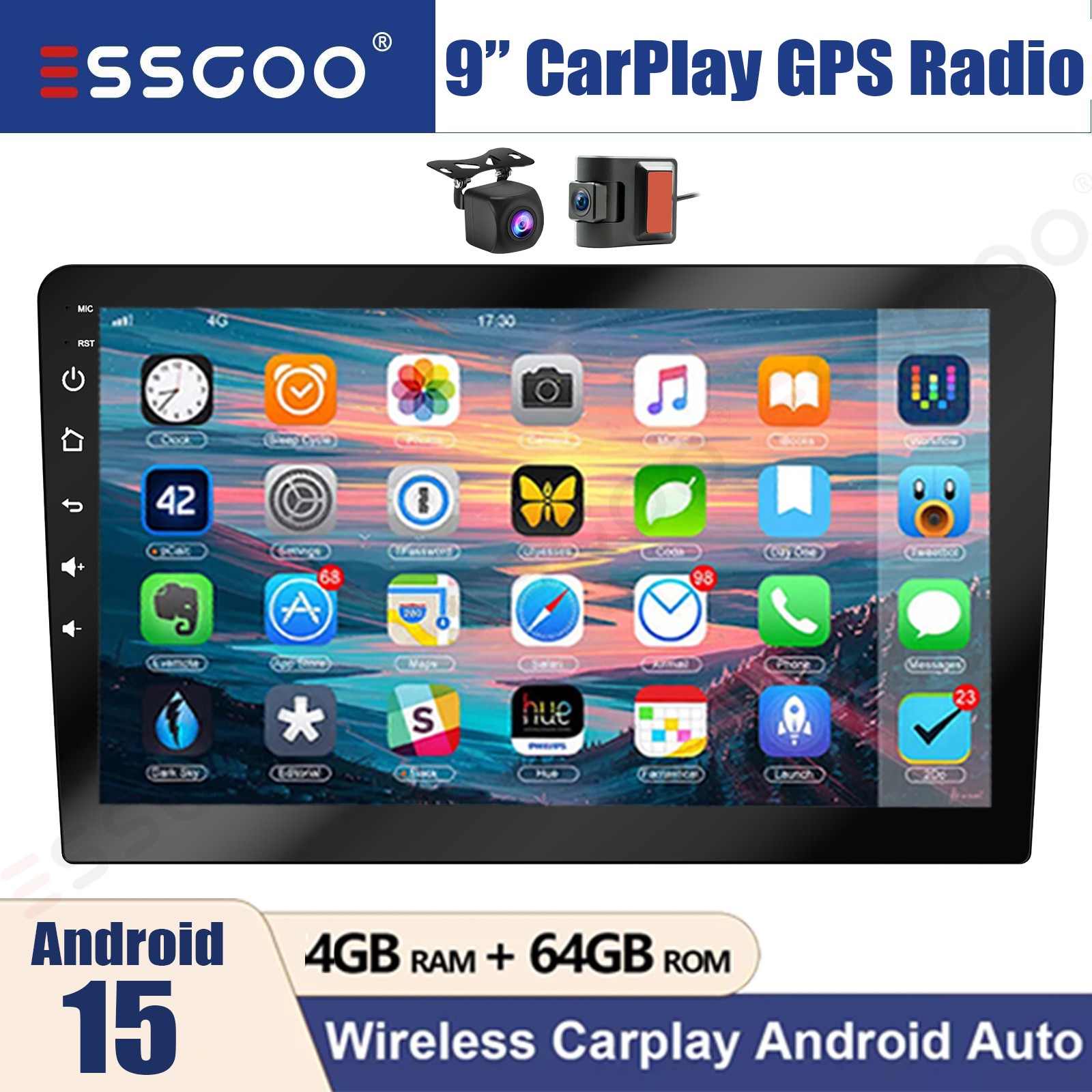 9″ 2DIN Carplay Android 15 DVR&AHD Car Stereo Radio 4+64GB GPS Navi Bluetooth FM