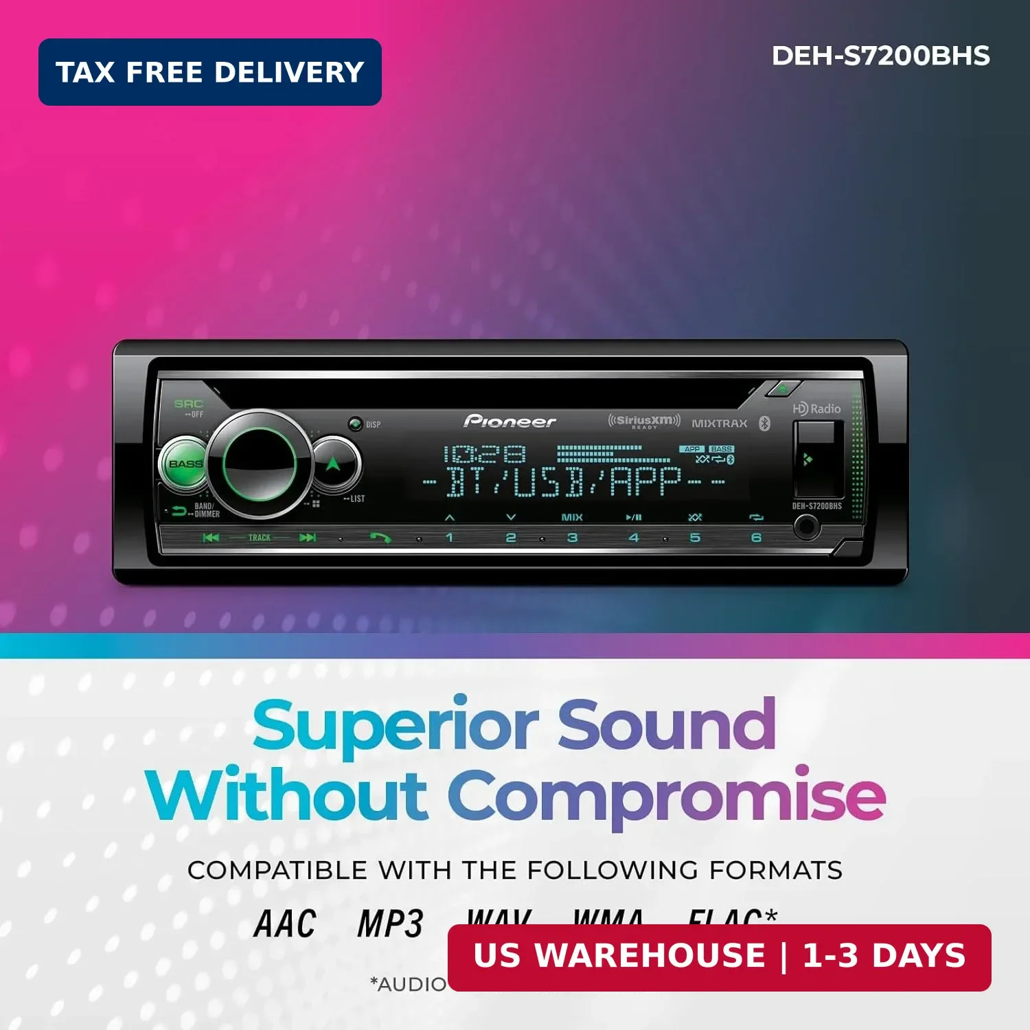 Pioneer DEH-S7200BHS 1-Din CD Receiver – Bluetooth, HD Radio, SiriusXM, USB/AUX,