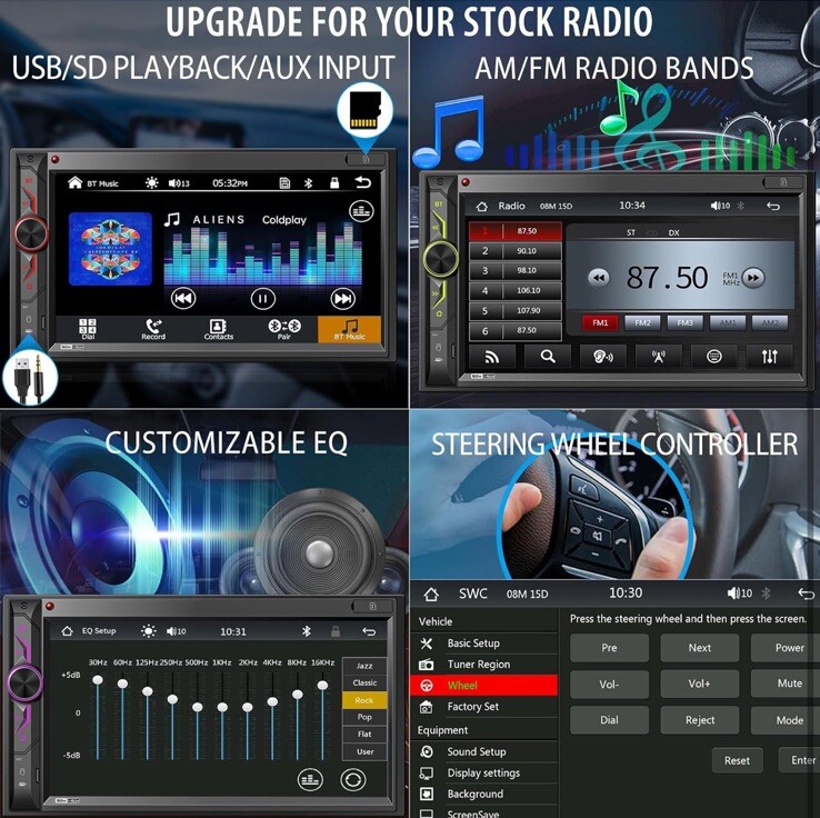 Double Din Car Stereo With Bluetooth: 7 In HD Car Multimedia Receiver Mp5 Player
