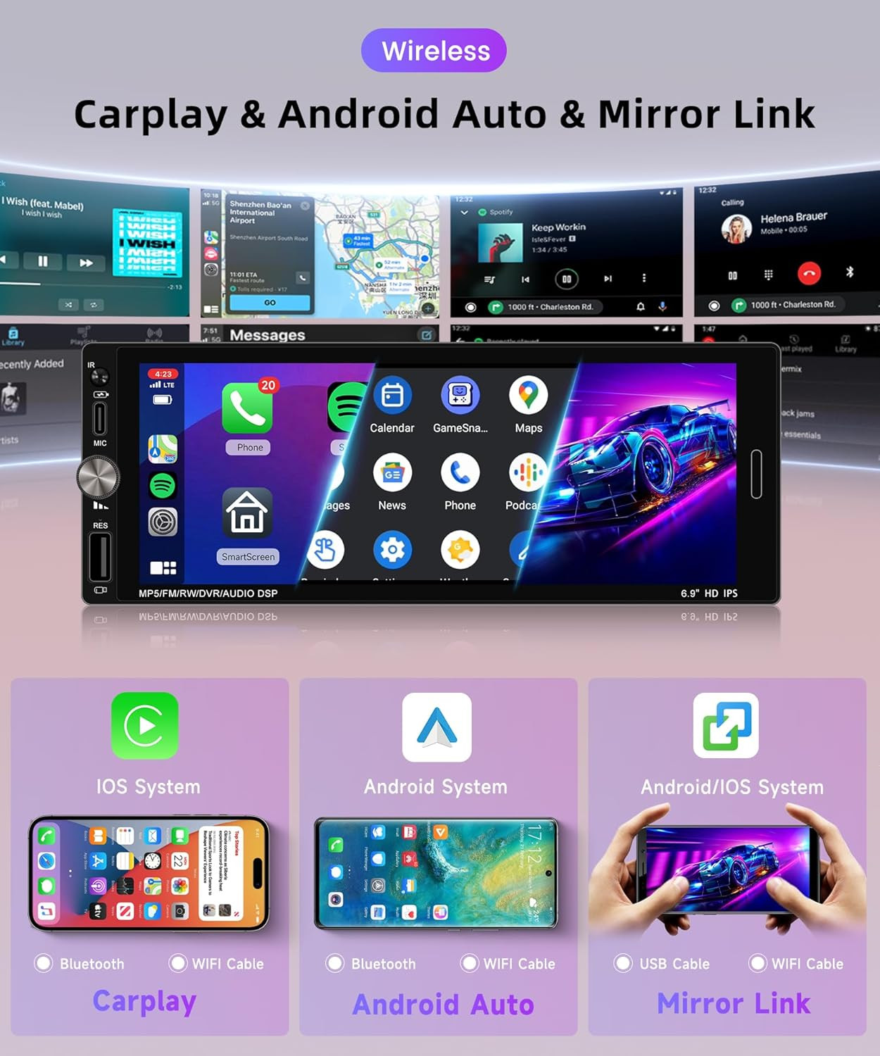 Car Stereo Single Din Wireless Carplay 6.9 Inch Touch Screen Android Auto, Car