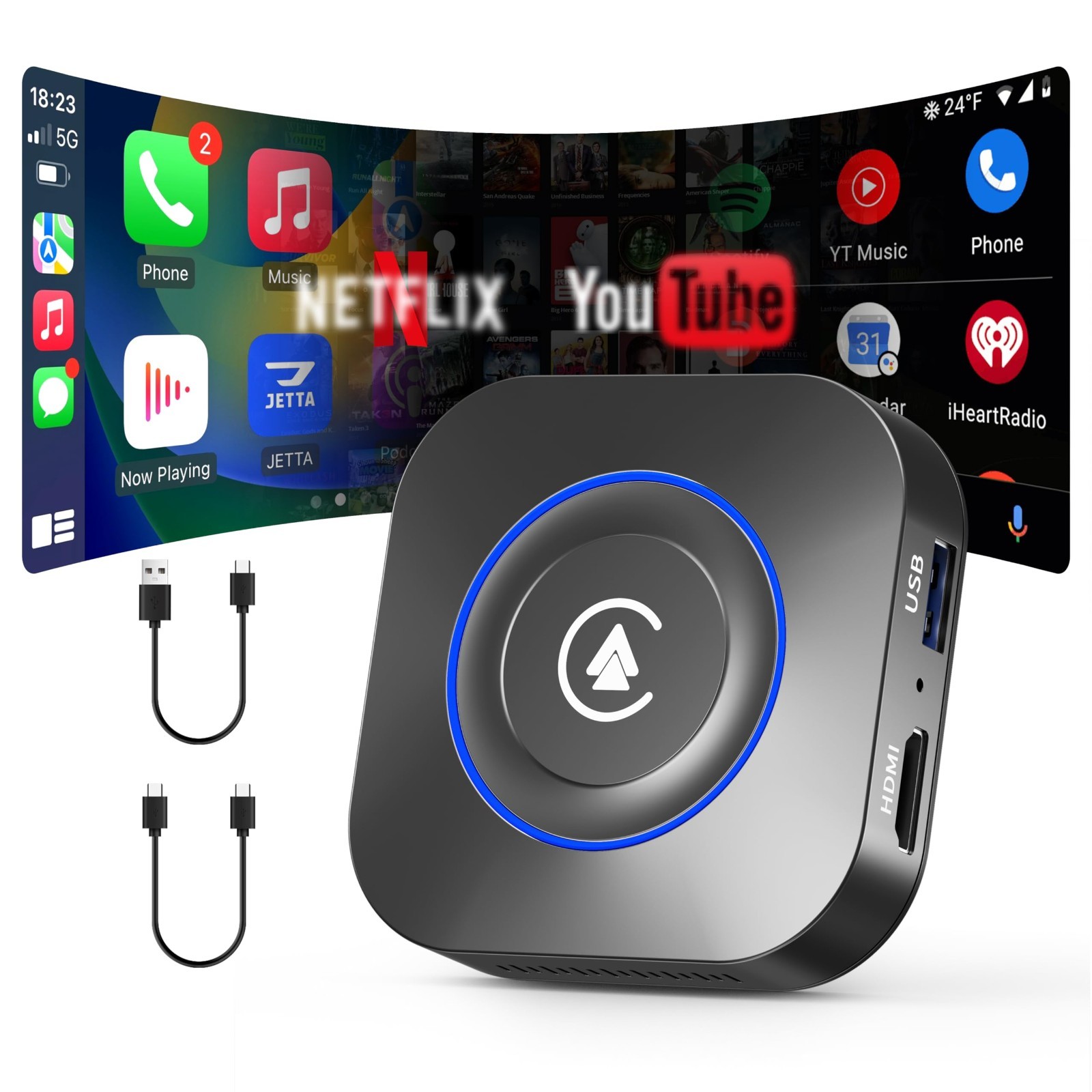 Wireless CarPlay Adapter, AI Box for Android Auto, Streaming Video, USB Media, S