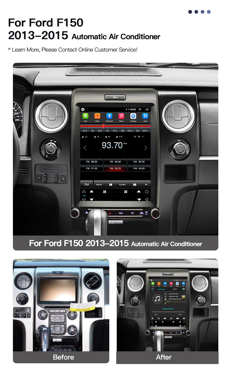 12.1″ Tesla Style Android10 Car Stereo Radio Gps Carplay For Ford F150 2013-2015