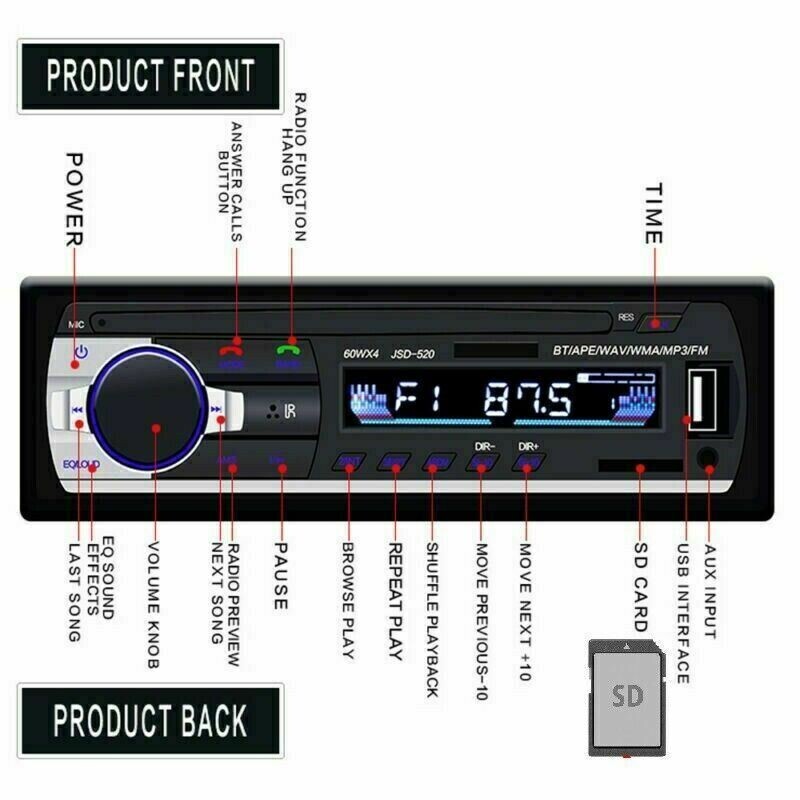 Bluetooth Car Stereo Audio In-Dash FM Aux Input Receiver SD USB MP3 Radio Player
