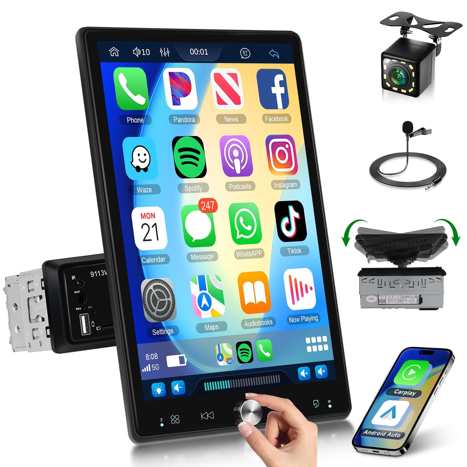 10.4 inch Single Din Car Stereo with Wireless Carplay Android Auto-2025 Upgra…