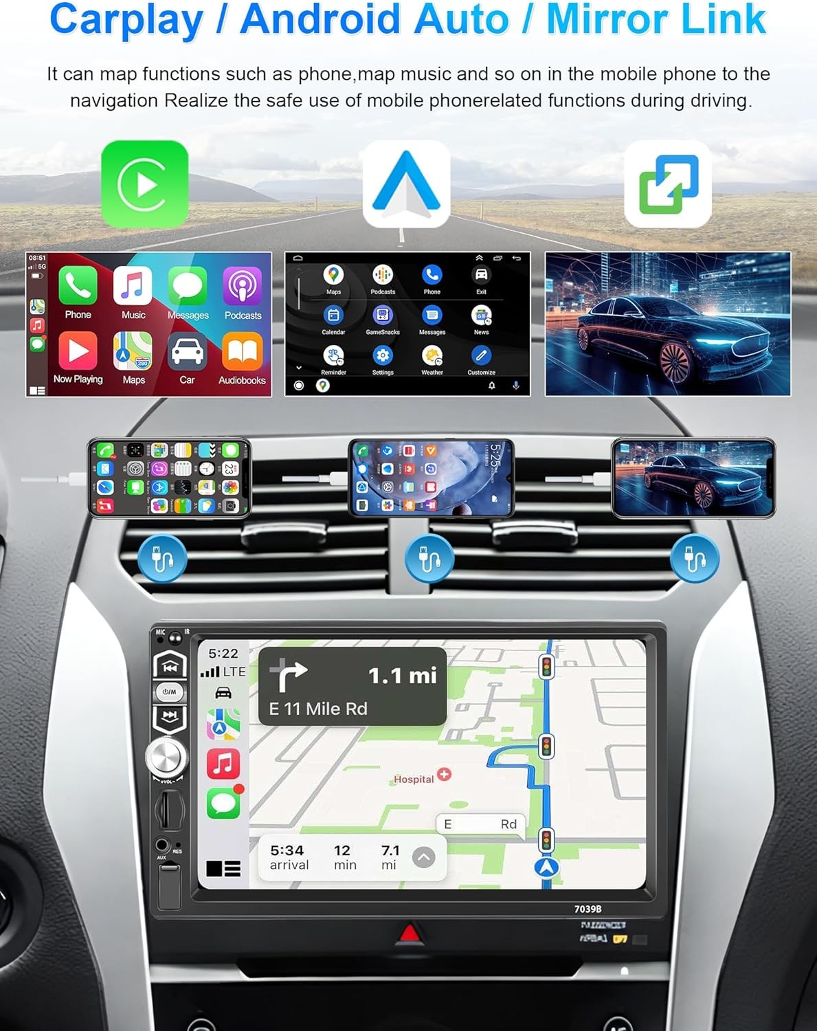 7″ Single 1 Din Touch Screen Car Stereo Bluetooth Radio Apple/Android Carplay BT