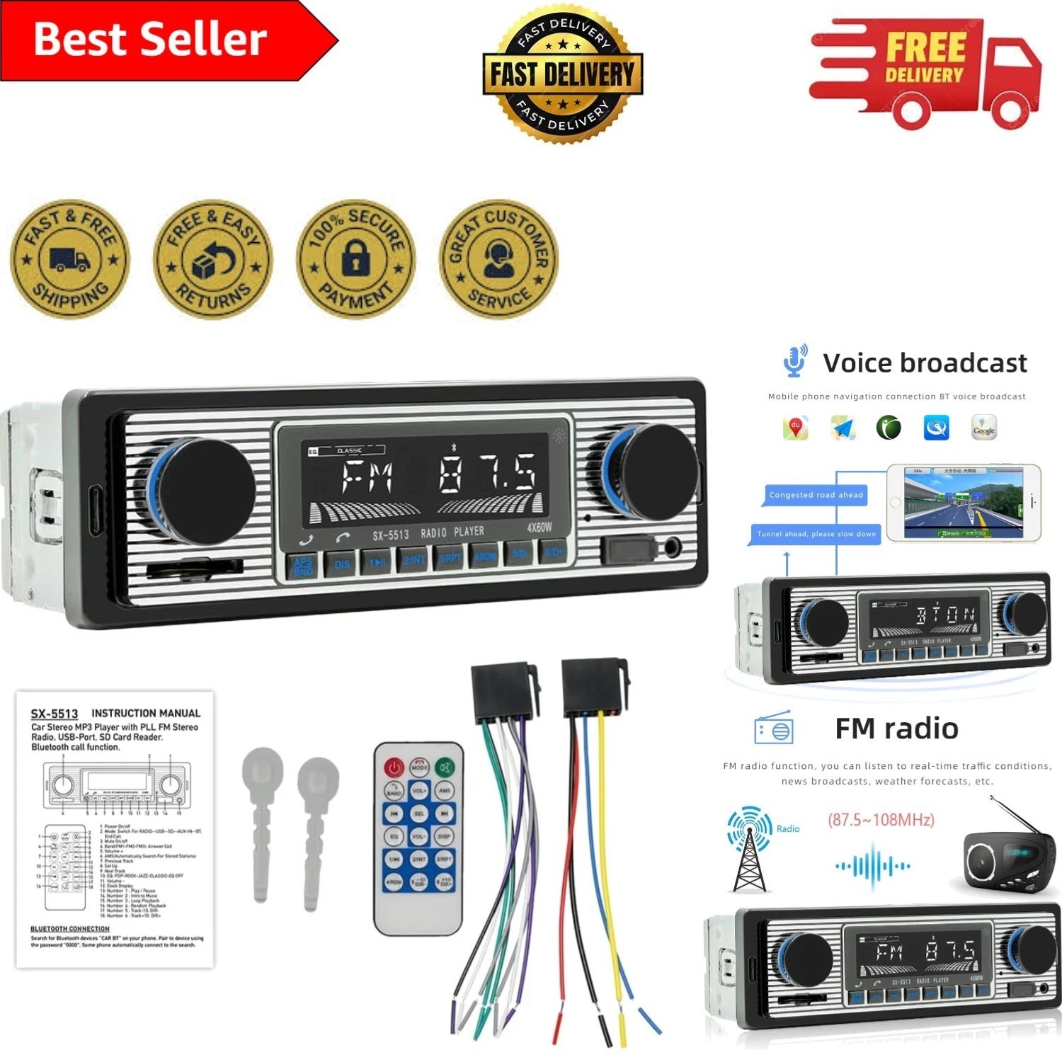 7″ Car Multimedia Player – Hands-Free Voice Control & FM Radio