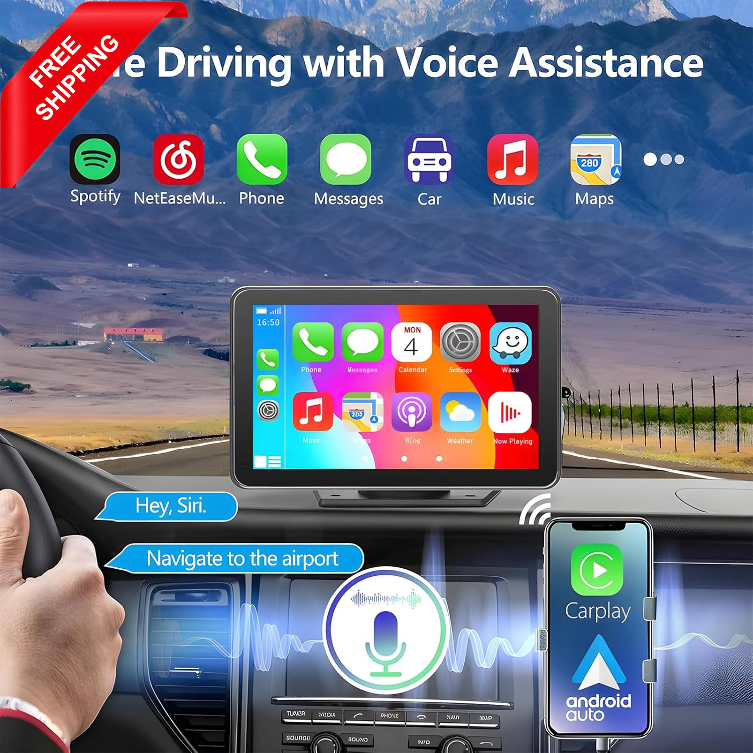 Portable Wireless Car Stereo, 7″” HD Carplay Screen for Car with Wireless Apple