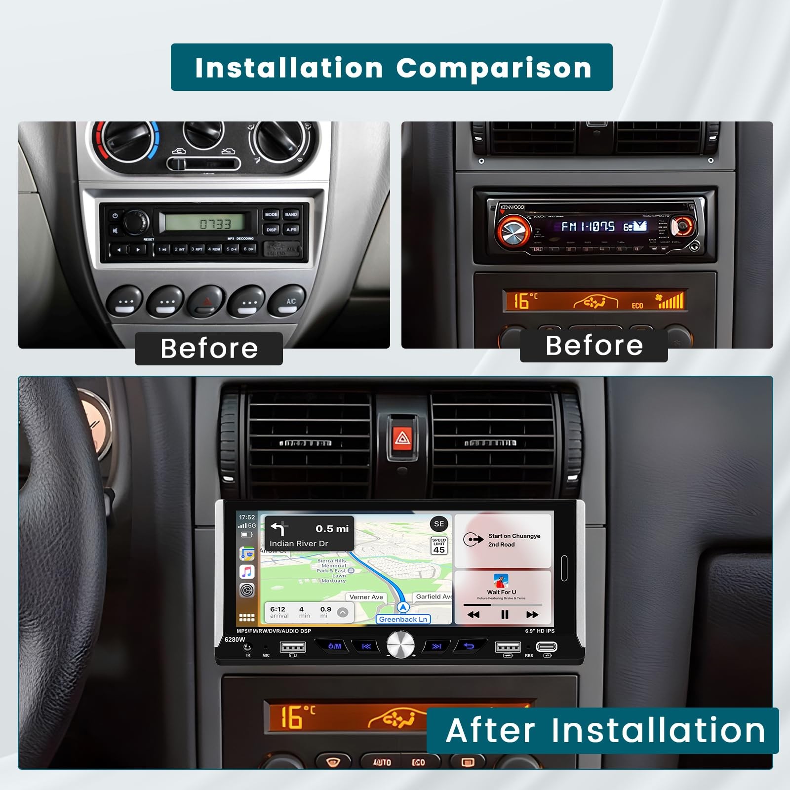 Hikity 6.9 Inch Car Stereo Single Din Wireless Carplay Screen, Black
