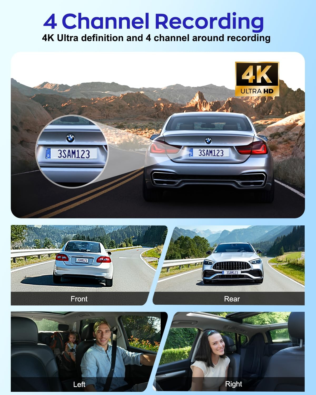 4K Dash Cam 360° View 4-Channel Front Rear Camera, Built-in 5GHz Wi-Fi, GPS, Nig