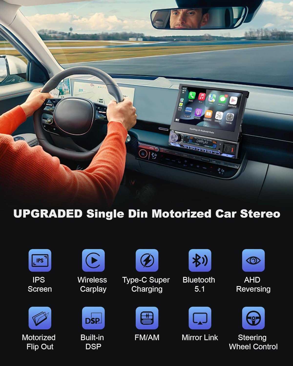 Single Din Car Stereo with Wireless Apple Carplay & Android Auto, 7-Inch HD Moto