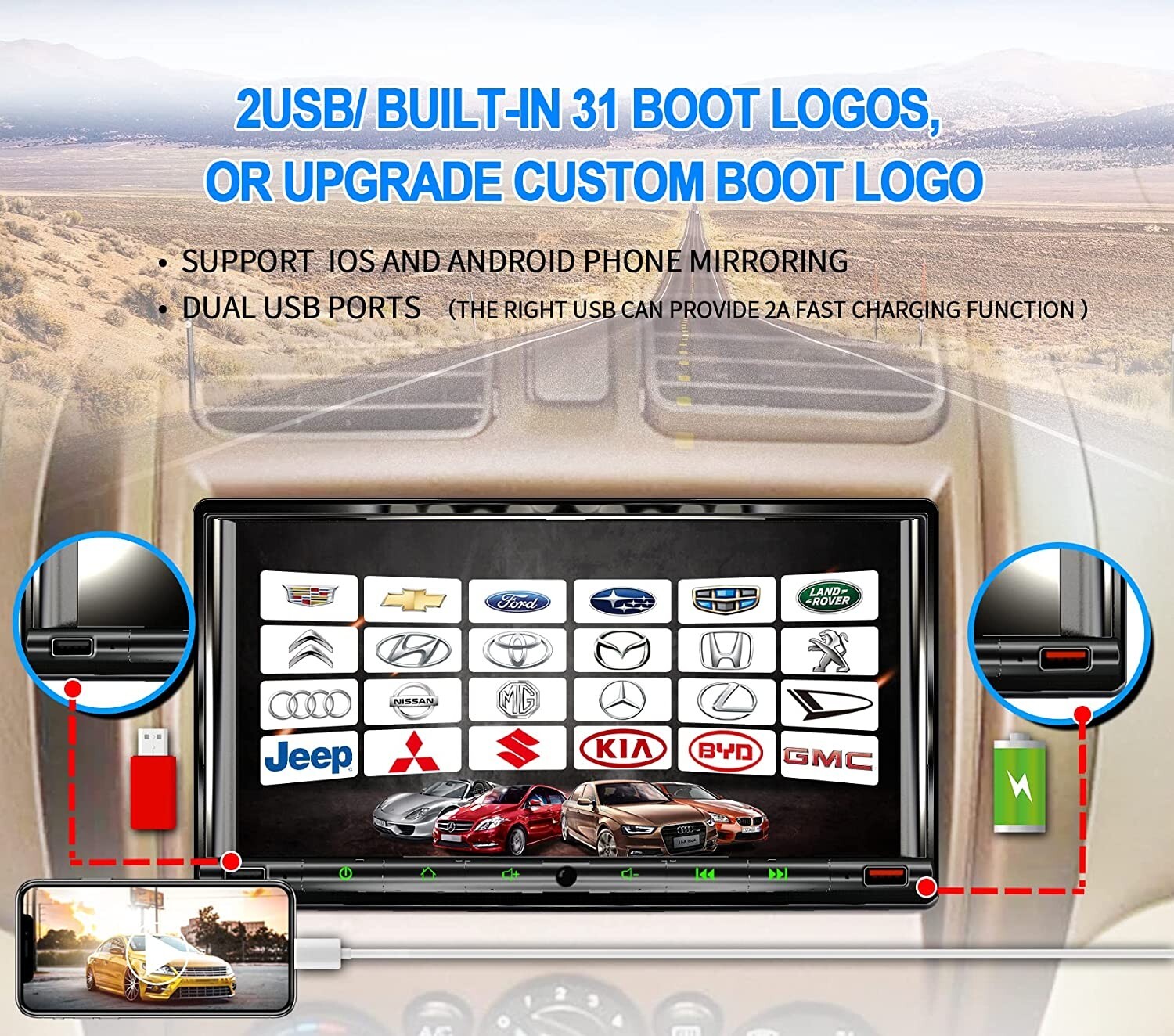 1280×720 HD Non-Glare Touch Screen Car Stereo w 30 Segment EQ,7″ Car Stereo NEW
