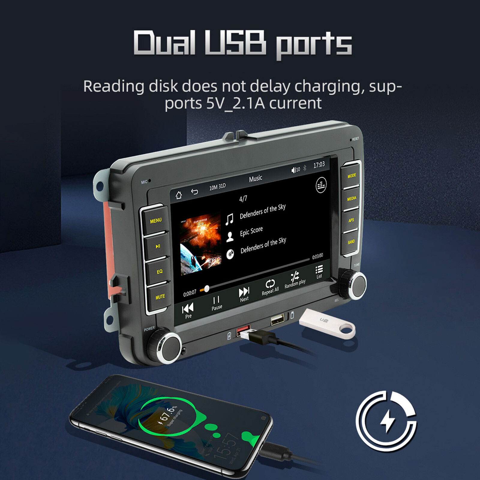 7″ Volkswagen Car Bluetooth Radio Car MP5 Player Wireless Carplay + 4 LED Camera