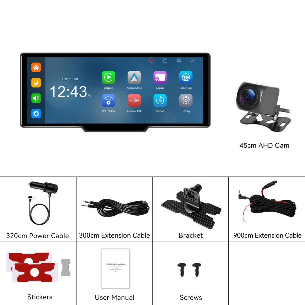 10.26″ Wireless Carplay Multimedia Smart Screen Player Android 15 Navi GPS CAM