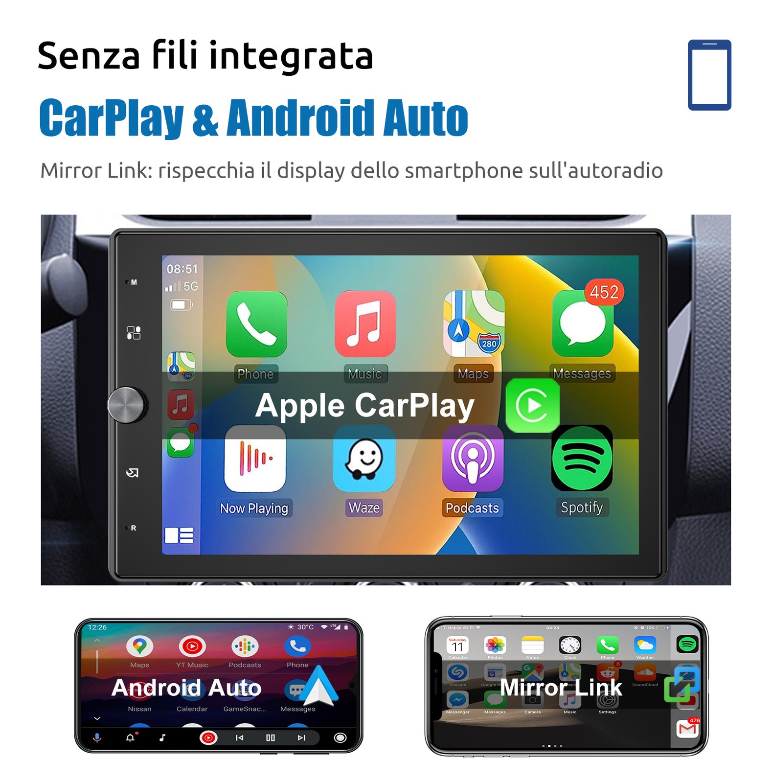 Android 14 Single DIN 10.4″ Apple Carplay Car Stereo Radio GPS WIFI with Camera