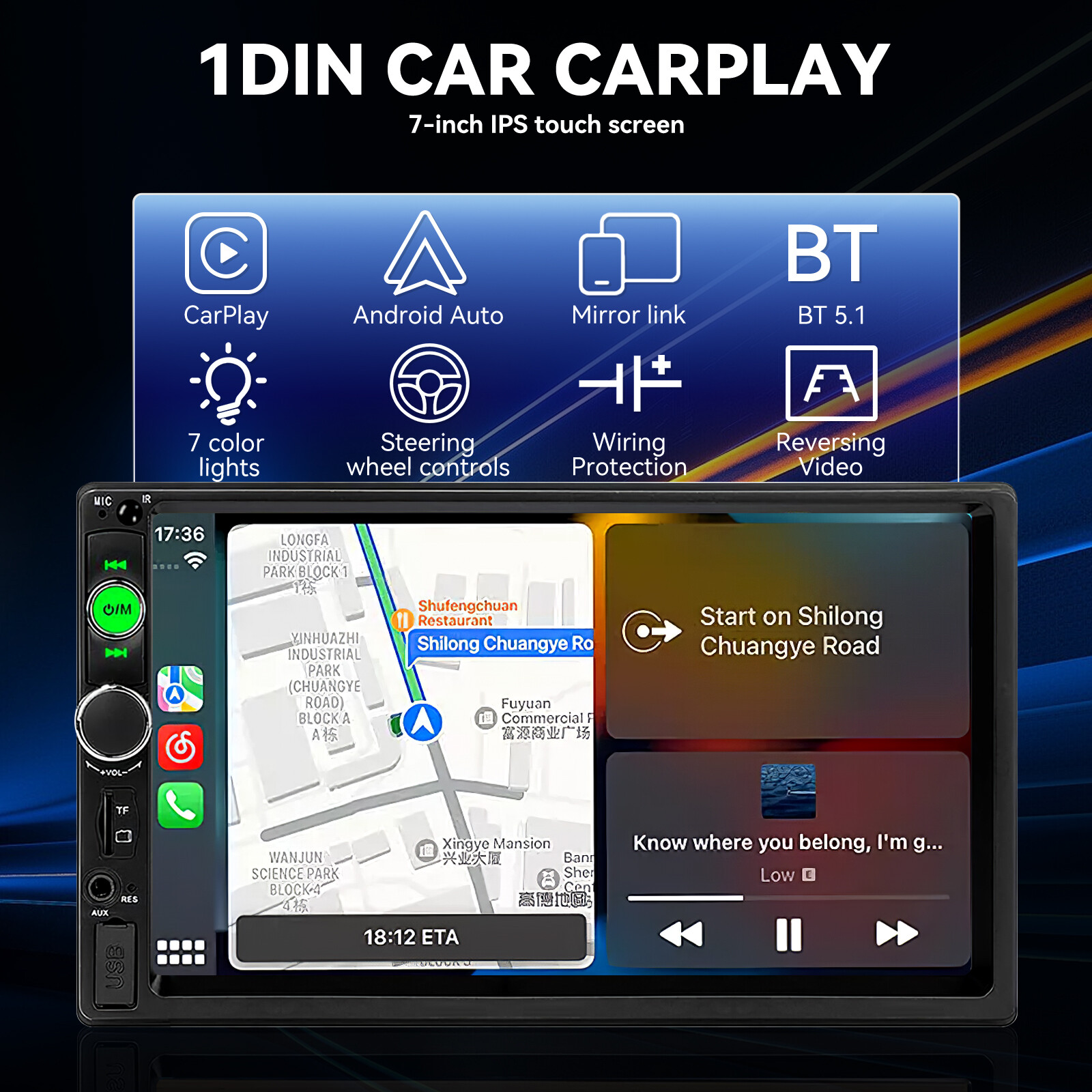 Single 7″1Din Touch Screen Stereo Bluetooth Car Radio Apple Android Carplay GPS