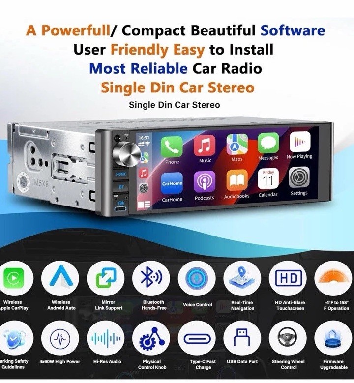 LSLYA Single Din Car Stereo Touchscreen Wireless Apple CarPlay Android Camera