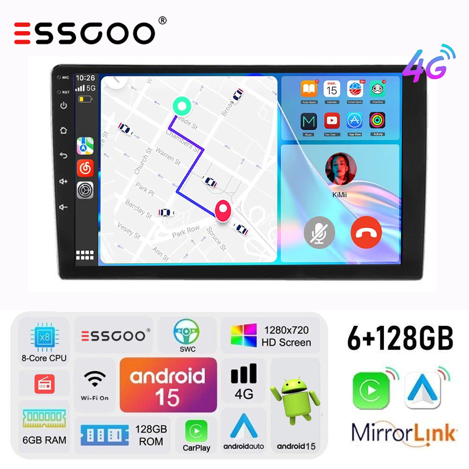 QLED Carplay Android15 10″ Car Stereo Radio 8core GPS 6+128G Nav Head Unit AM/FM
