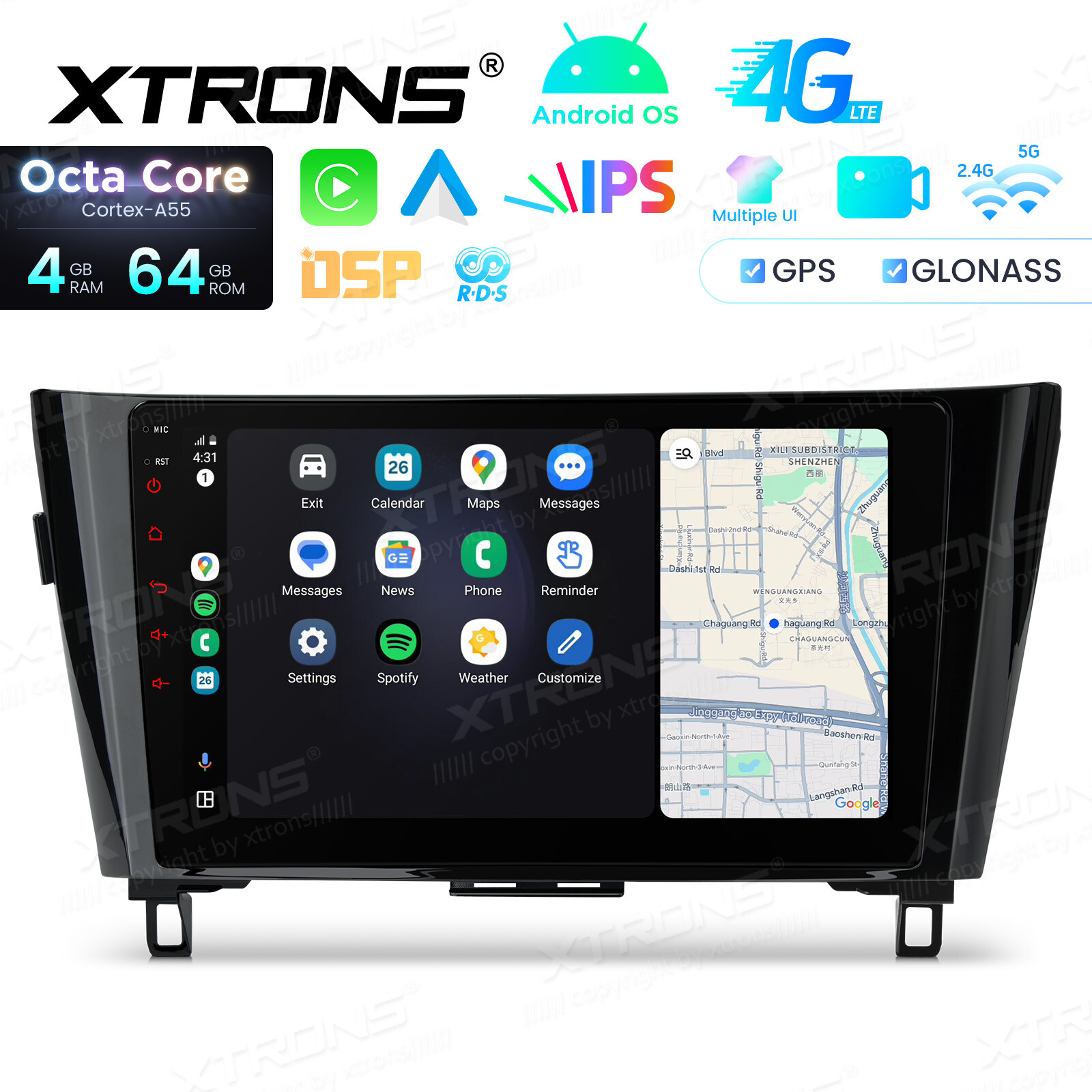 10.1″ Android Radio for Nissan Rogue 2014-2018 8-Core 4GB+64GB BT 4G LTE CarPlay