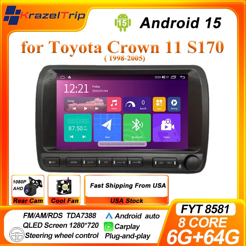 8 Core 64G 10″ Car Radio for Toyota Crown 11 S170 1998 – 2005 CarPlay Head Units