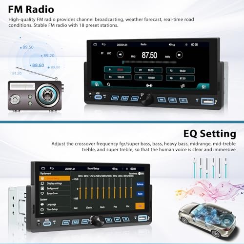 6.86″ Wireless Carplay Car Stereo Single Din Touchscreen Radio Android Auto