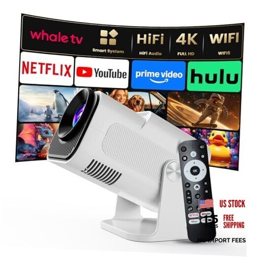 4K Smart Projector [Auto Screen Correction & 3D Audio WhaleTV (Black-and-white)