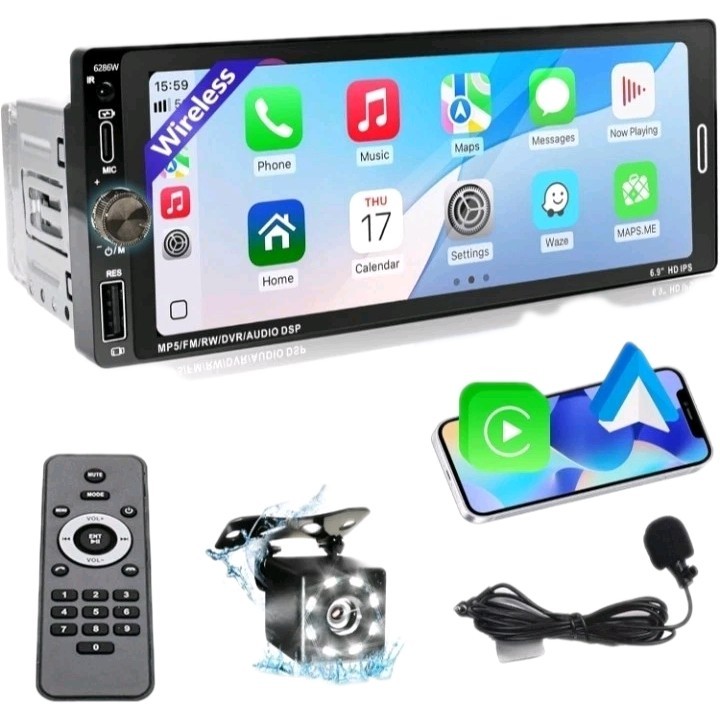 Single Din Car Stereo Carplay Android Auto Car Radio 6.9 Inch Touchscreen Blu…
