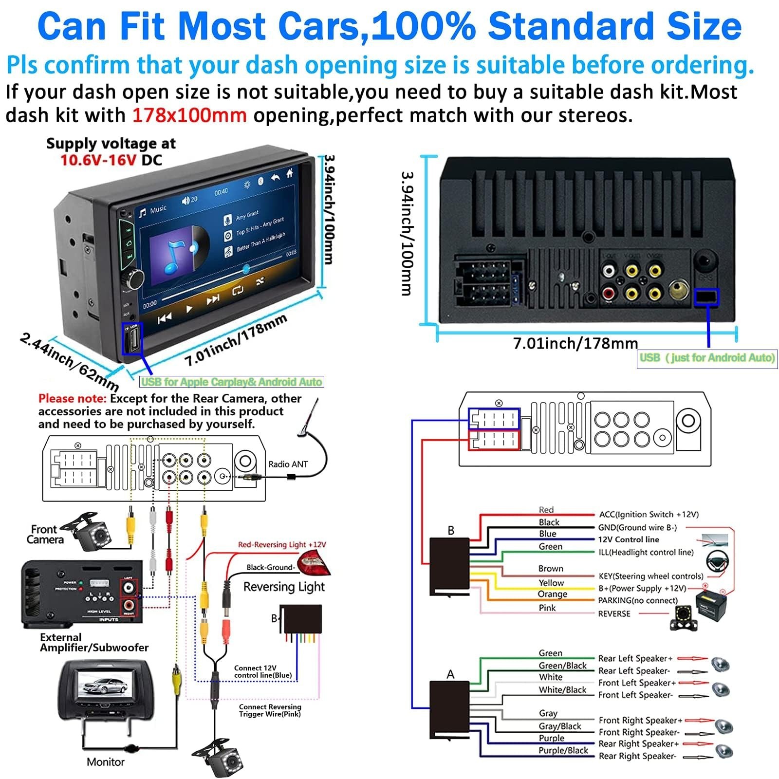 7″ Double Din Car Stereo – Wireless Apple CarPlay & Android Auto, Bluetooth, Bac