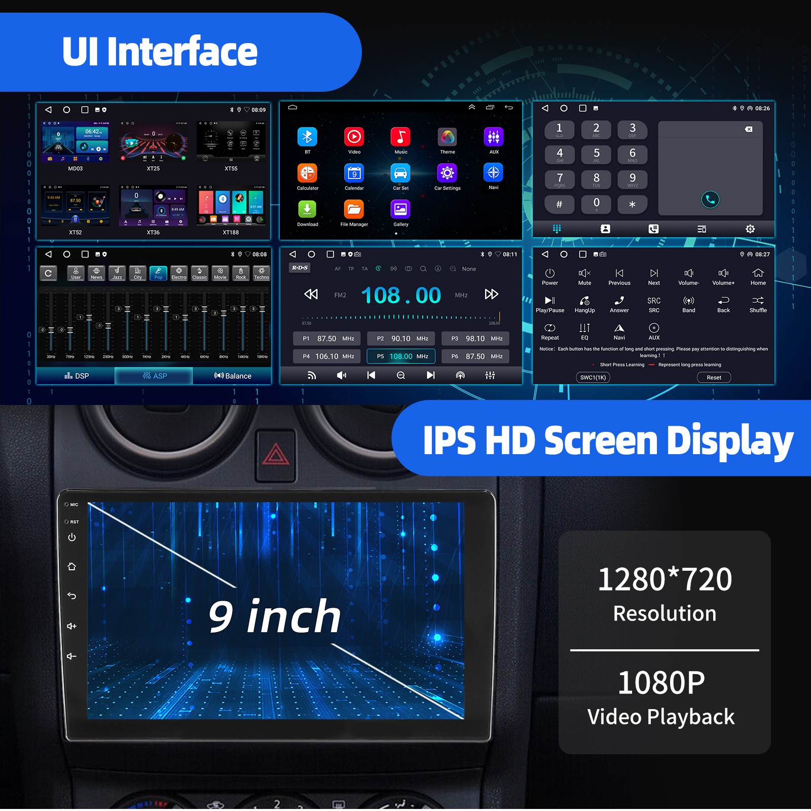 4+64G 9″ Double Din DVR+ Android 15 Car Stereo Radio Carplay Head Unit BT FM+AHD