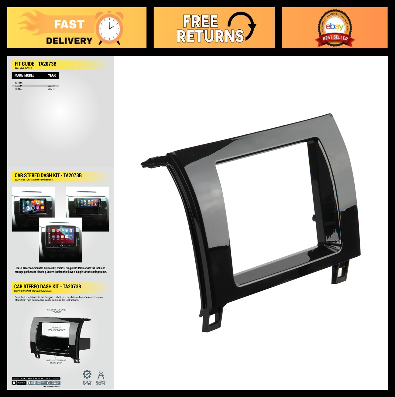 Double DIN Single DIN Radio Install Dash Kit w/ Storage Pocket for Toyota Tundra