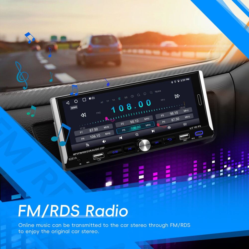 Single 1 DIN Car Radio GPS NAVI Carplay 6.9 Inch Stereo Player Android 15 2+64G