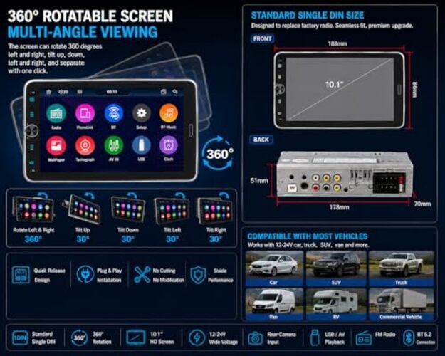 10.1 Inch Single DIN Car Stereo with Wireless CarPlay, Bluetooth 5.2, 720×1280