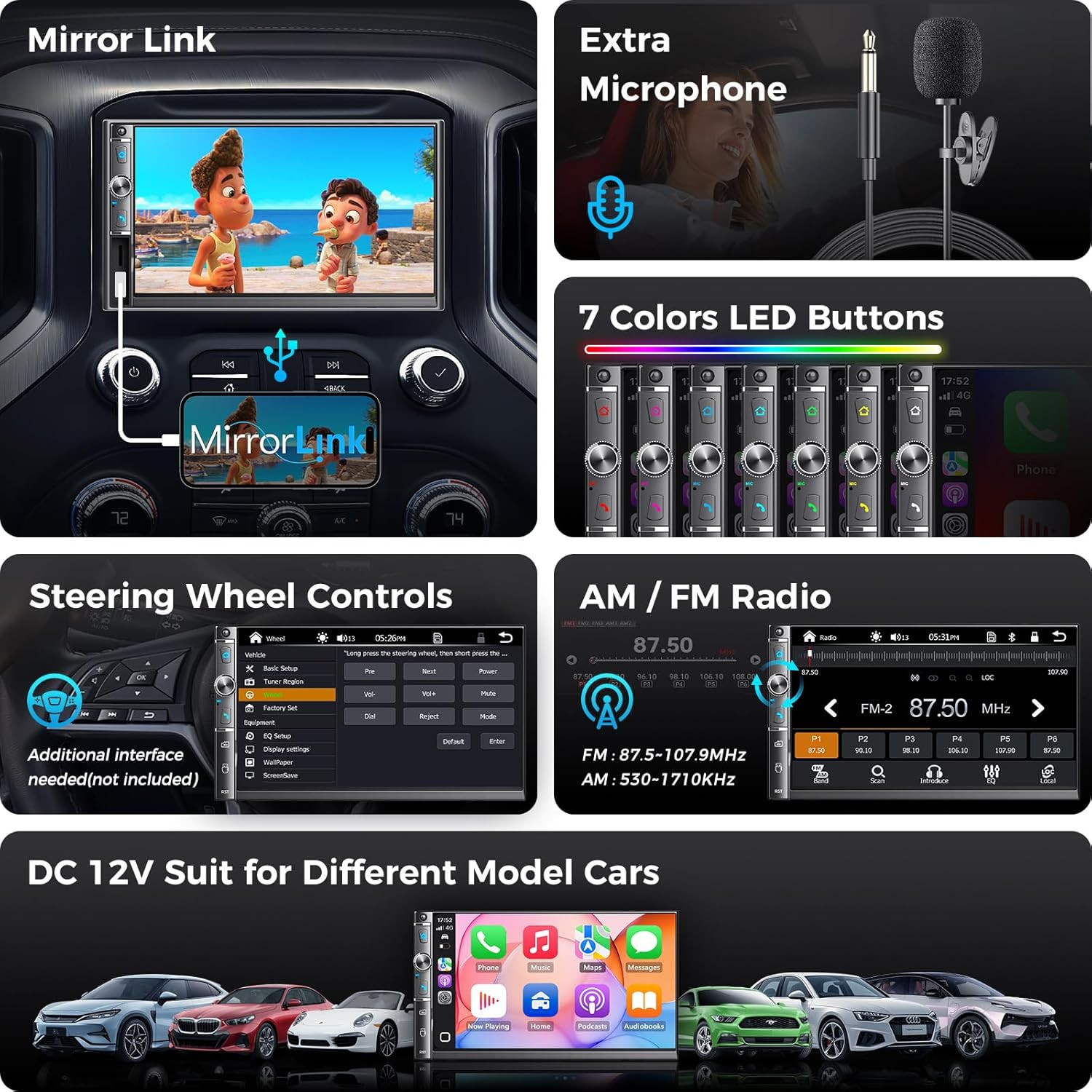 7″ Double Din Car Stereo, Wireless Apple Carplay & Android Auto, HD Touchscreen,