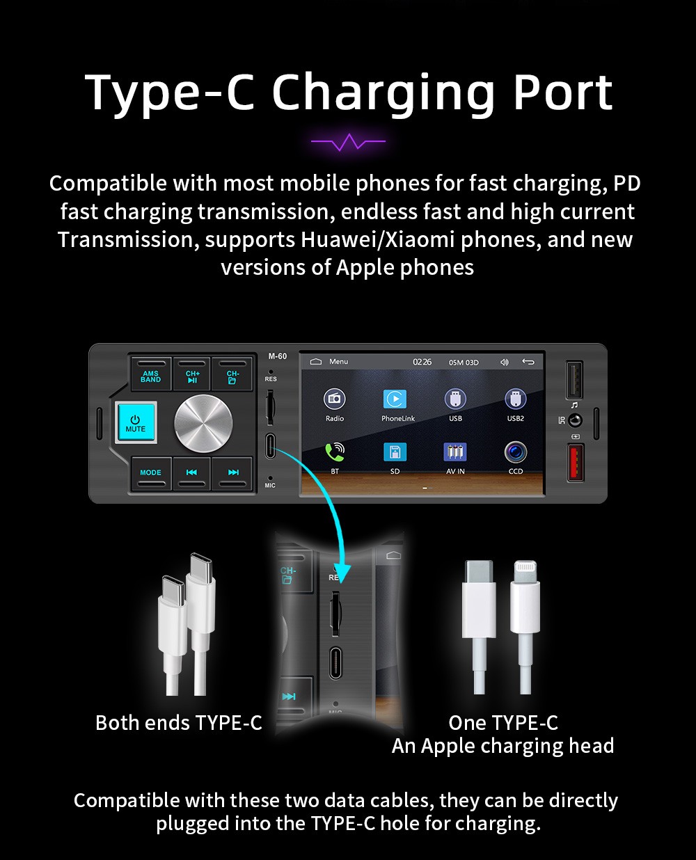4.1in 1DIN Carplay Car Stereo Radio MP5 FM60 Type-C Bluetooth Mirror Link