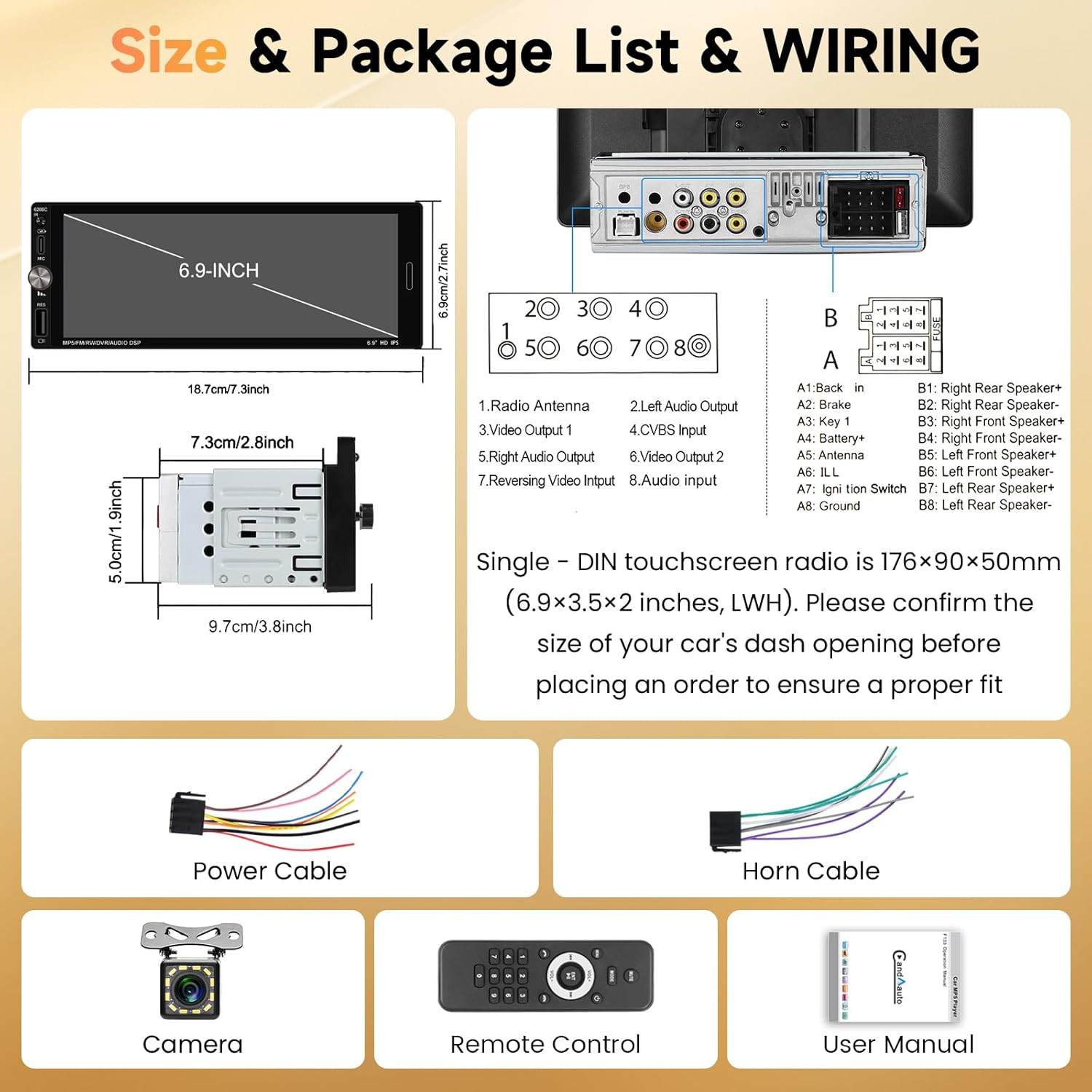 Single Din Car Stereo Wireless Carplay Android Auto, 6.9 Inch Bluetooth5.2 Car