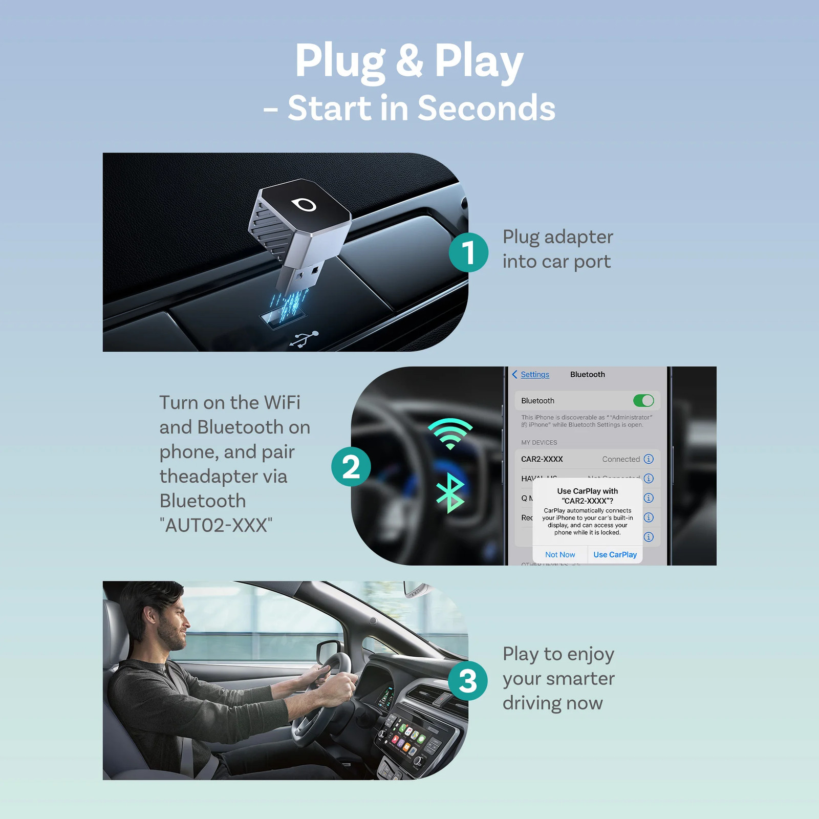 Mini Pro Wireless Carplay & Android Auto Adapter 2-In-1 5Ghz Wifi Dongle Plug &