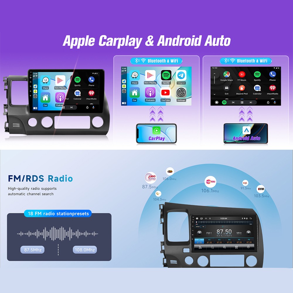 10.1” IPS Android 12 Car Stereo Honda Civic 2006-2011 Wireless CarPlay