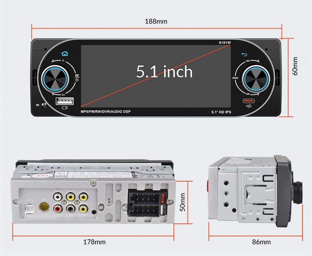 5.1 In 1DIN Multimedia Player Car Radio Touch Srceen FM/RDS USB BT Hands Free