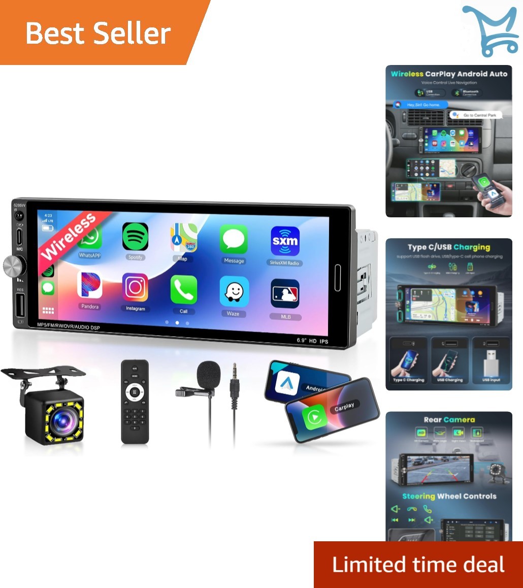 Single Din Car Stereo Wireless Carplay Android Auto 6.9 Inch Touch Screen Blu…