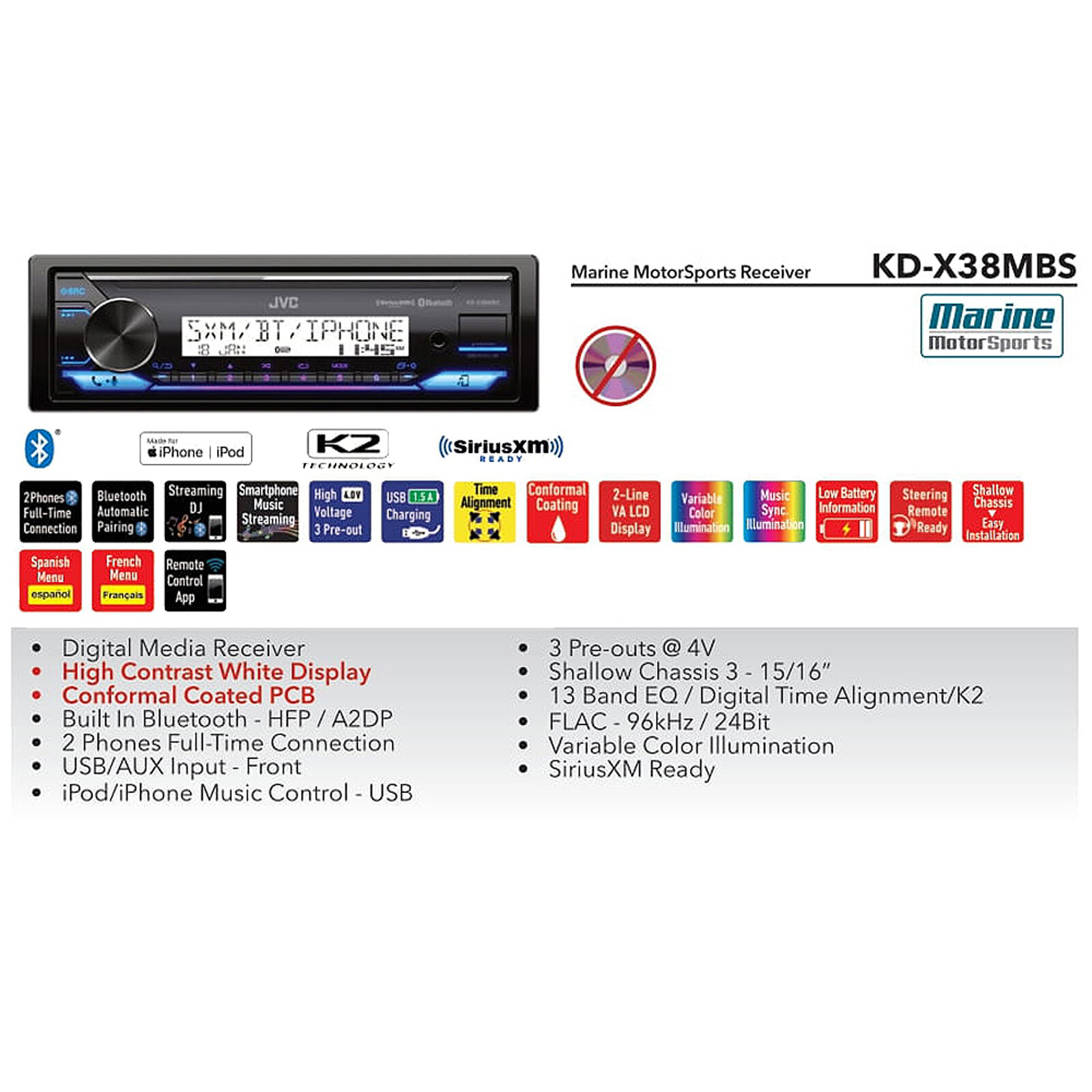 JVC KD-X38MBS Single DIN Marine MotorSports Bluetooth USB AM/FM Radio Receiver