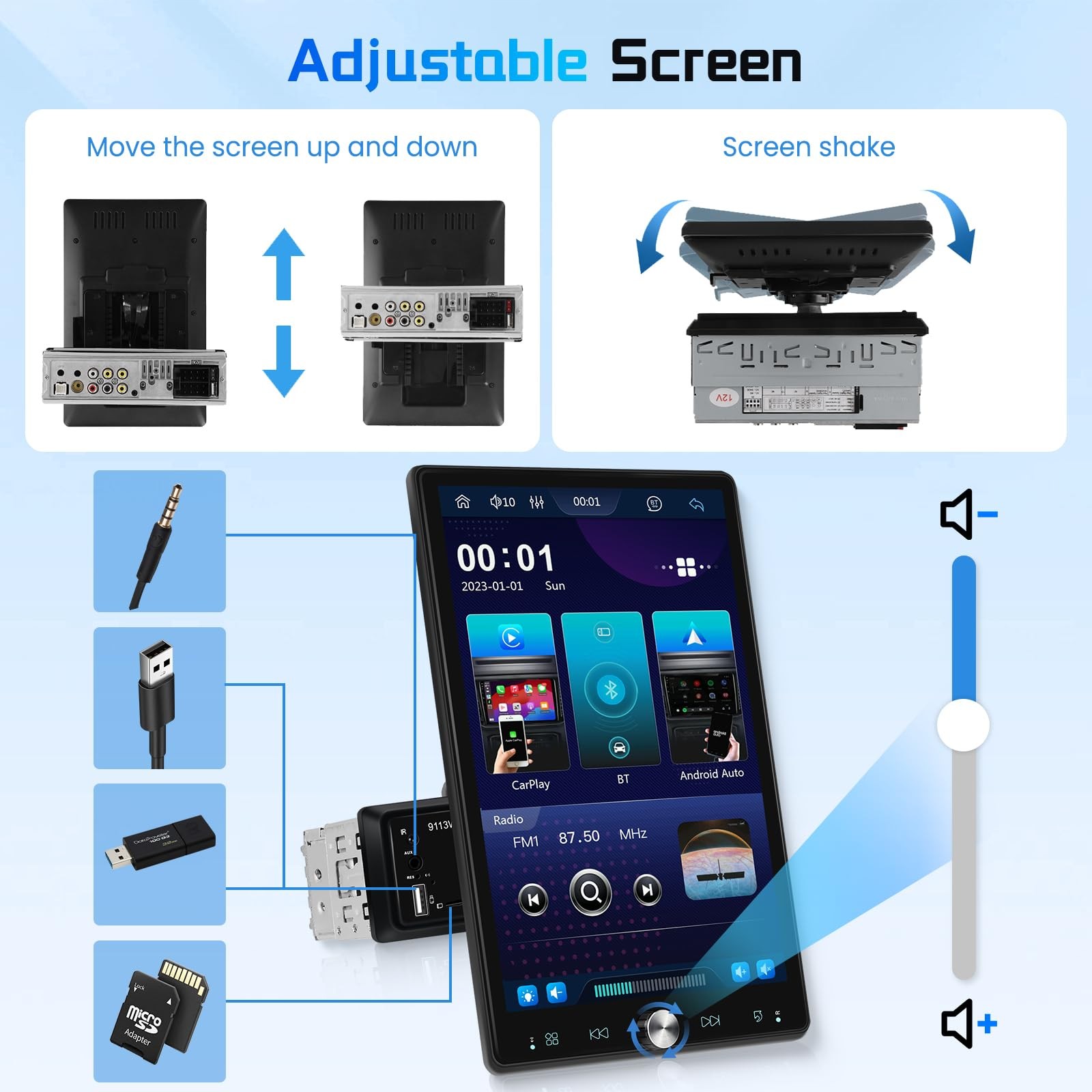 Single Din Car Stereo with Wireless Carplay/Android Auto,10.4″ Adjustable Tou…