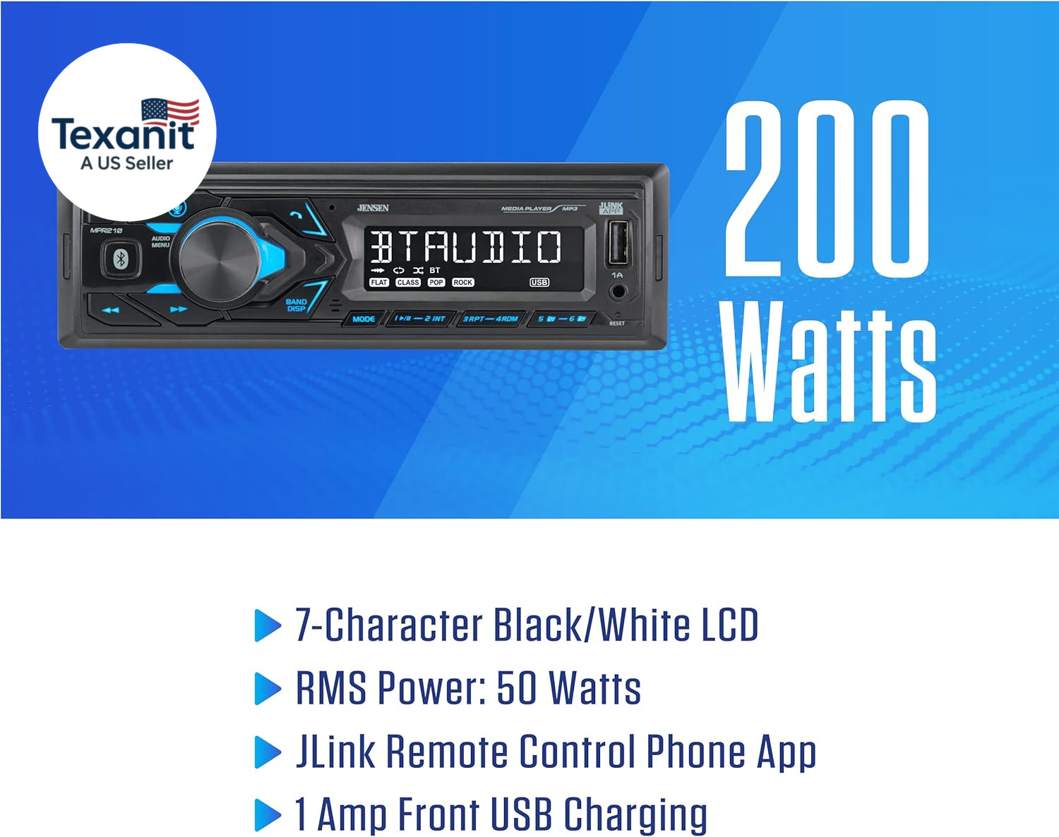 MPR210 7-Character LCD Single DIN Car Stereo Radio | Bluetooth Hands Free Callin