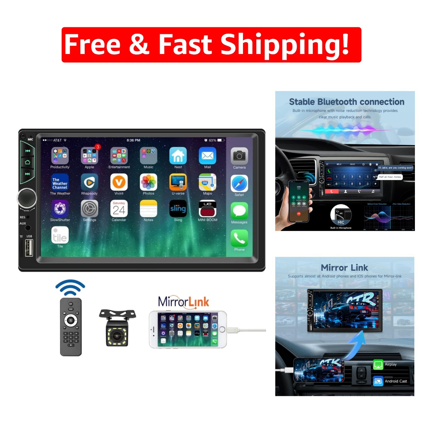 Double Din Car Audio Receiver: 7-Inch Touchscreen, USB & Aux Input