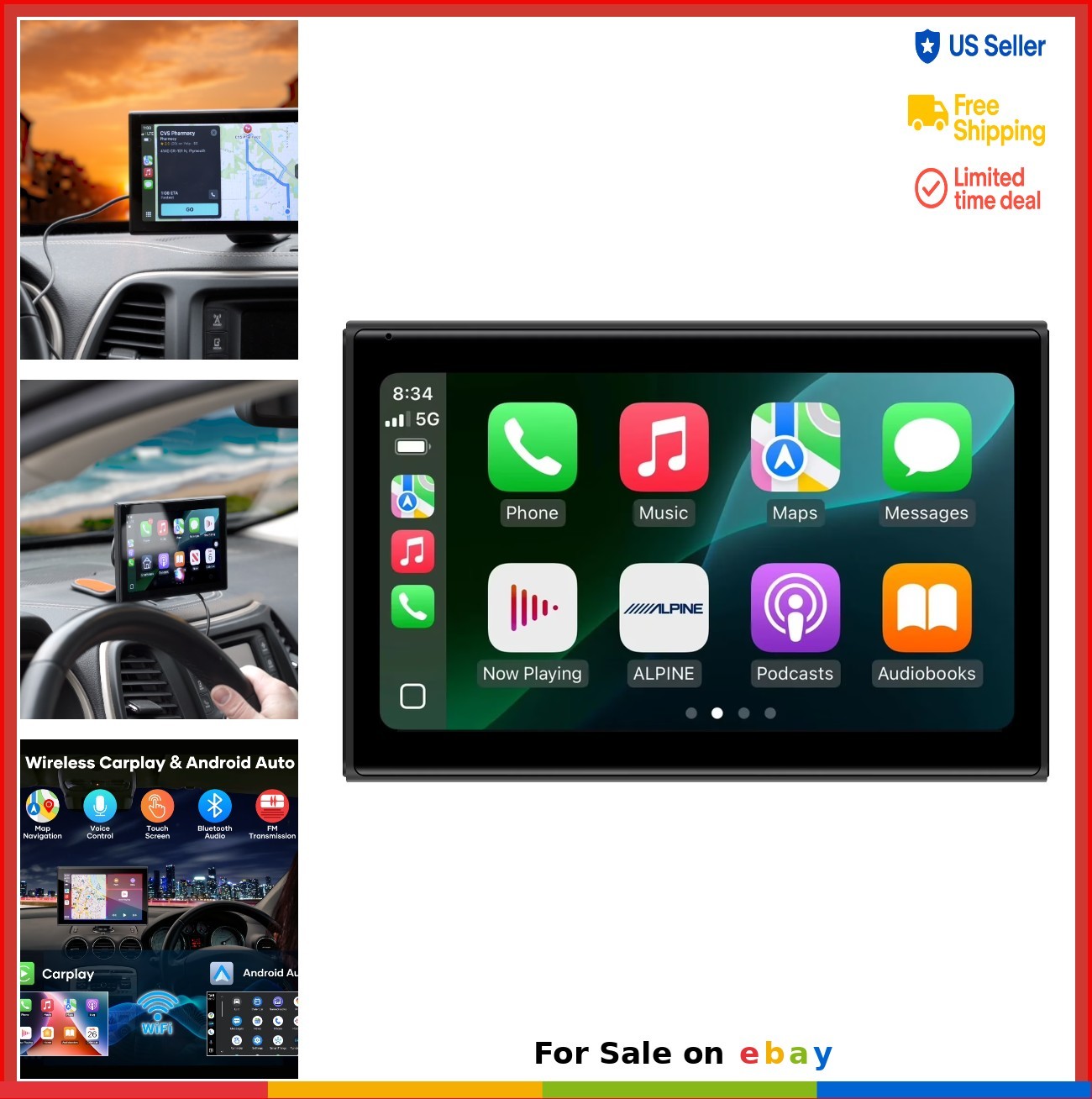 Portable Car Stereo 7 Inch Touch Screen Wireless CarPlay Android Auto Display